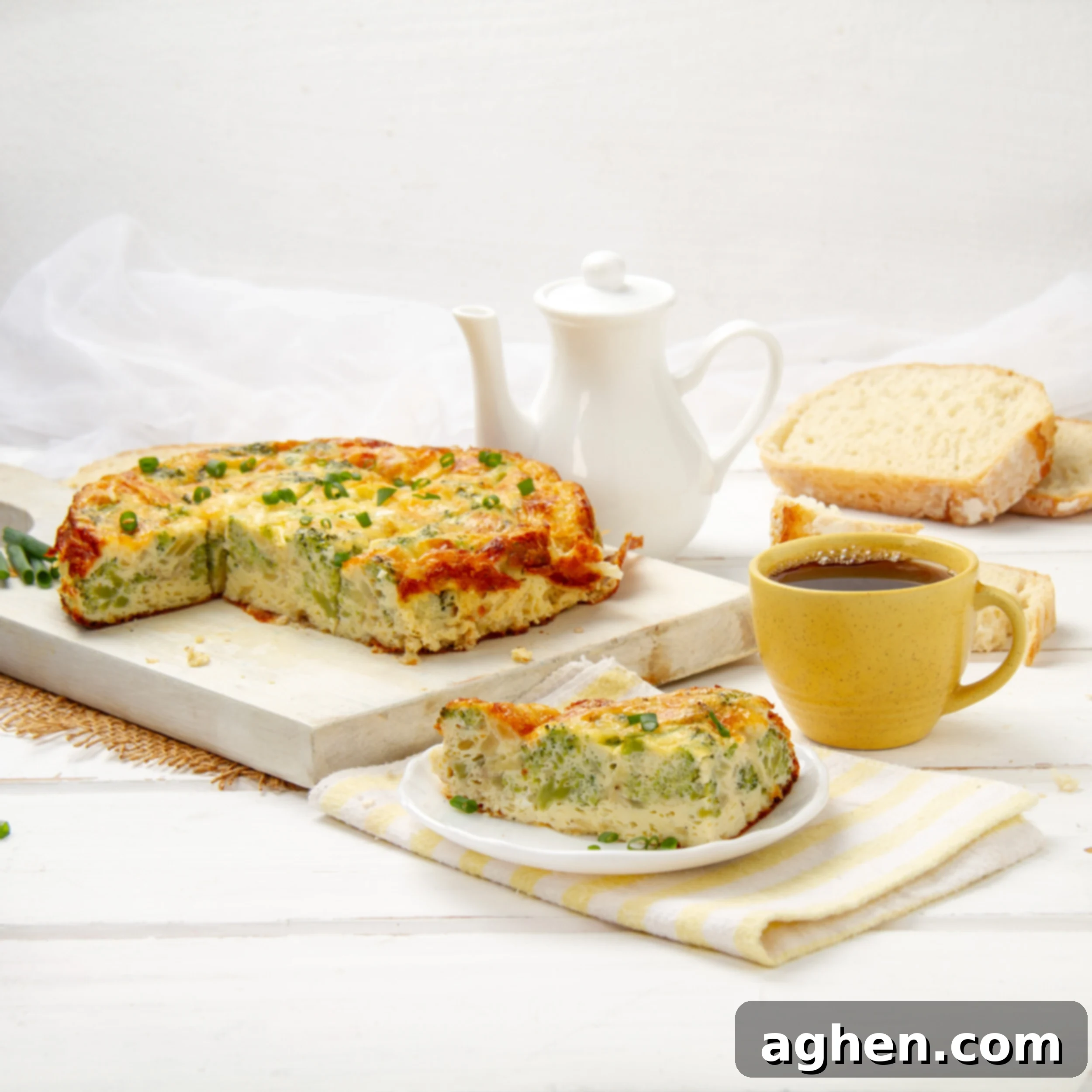 Cheesy Broccoli Breakfast Casserole 2 A slice of broccoli cheese breakfast egg bake on a plate with the remaining portion on cutting board in the background.