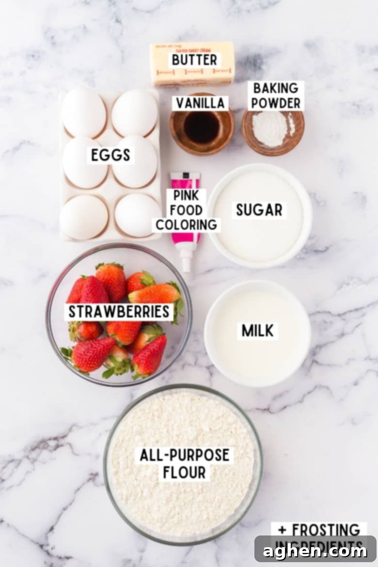 stick of butter, eggs, pink food coloring, and bowls of the following: vanilla extract, baking powder, milk, sugar, all-purpose flour and fresh strawberries. 