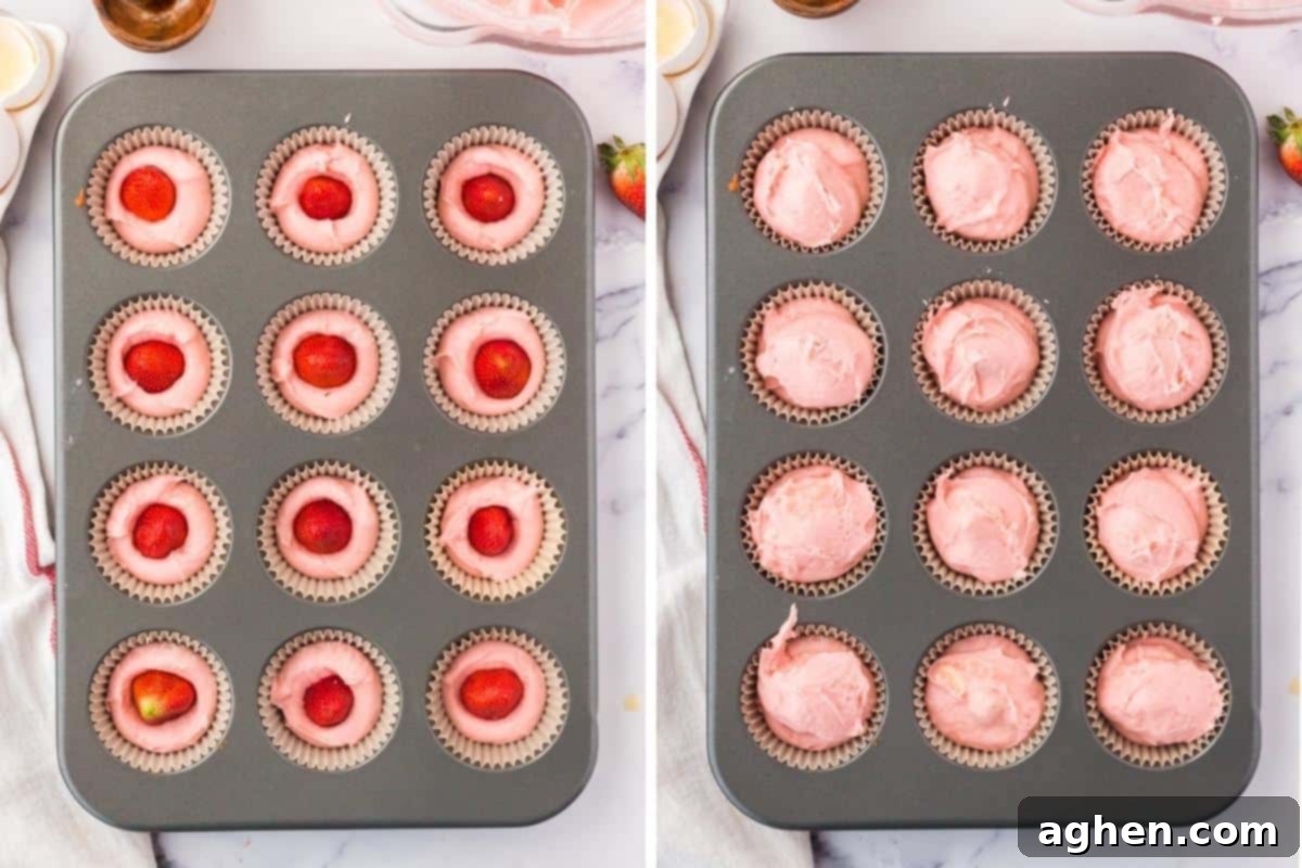 Two image collage. On left, cupcake tin with fresh strawberries pressed into the center of each pink-batter-filled cupcake liner. On right, same but with berries covered with batter.
