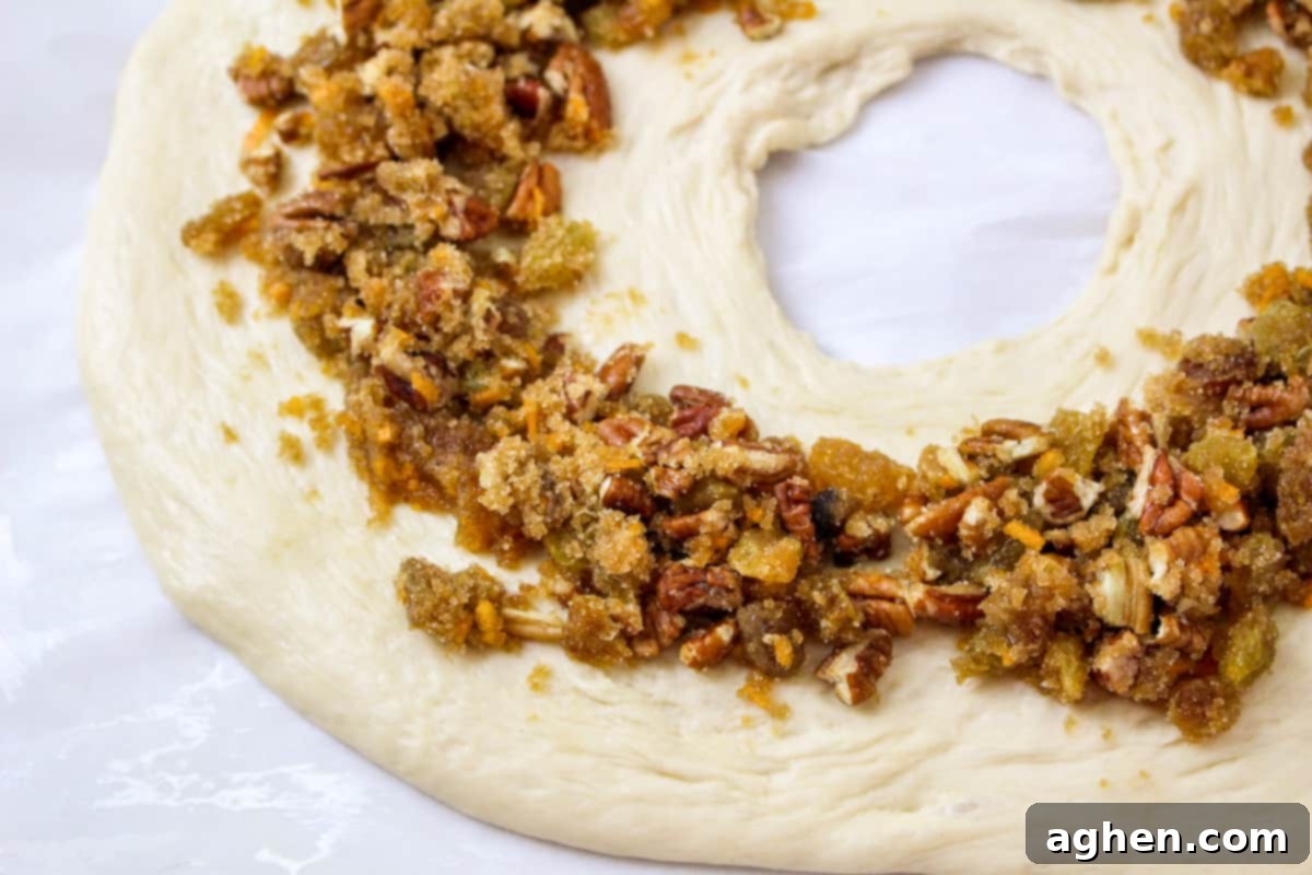 Pecan filling in center of dough