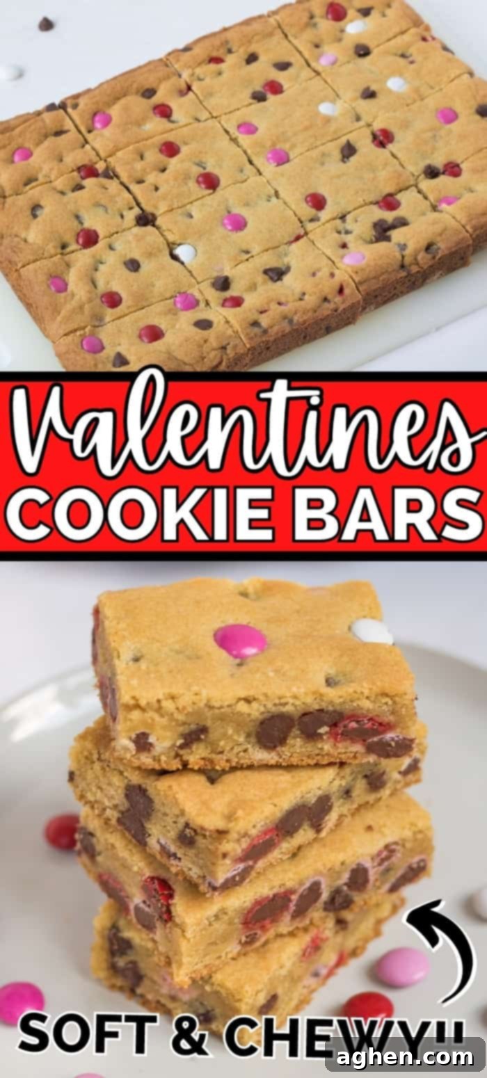Sweetheart Cookie Squares 12 Soft, thick, and chewy Valentine's Day cookie bars packed with festive red, white, and pink M&Ms and loads of semi-sweet chocolate chips! A perfect Valentine's day dessert recipe - Pinterest image.