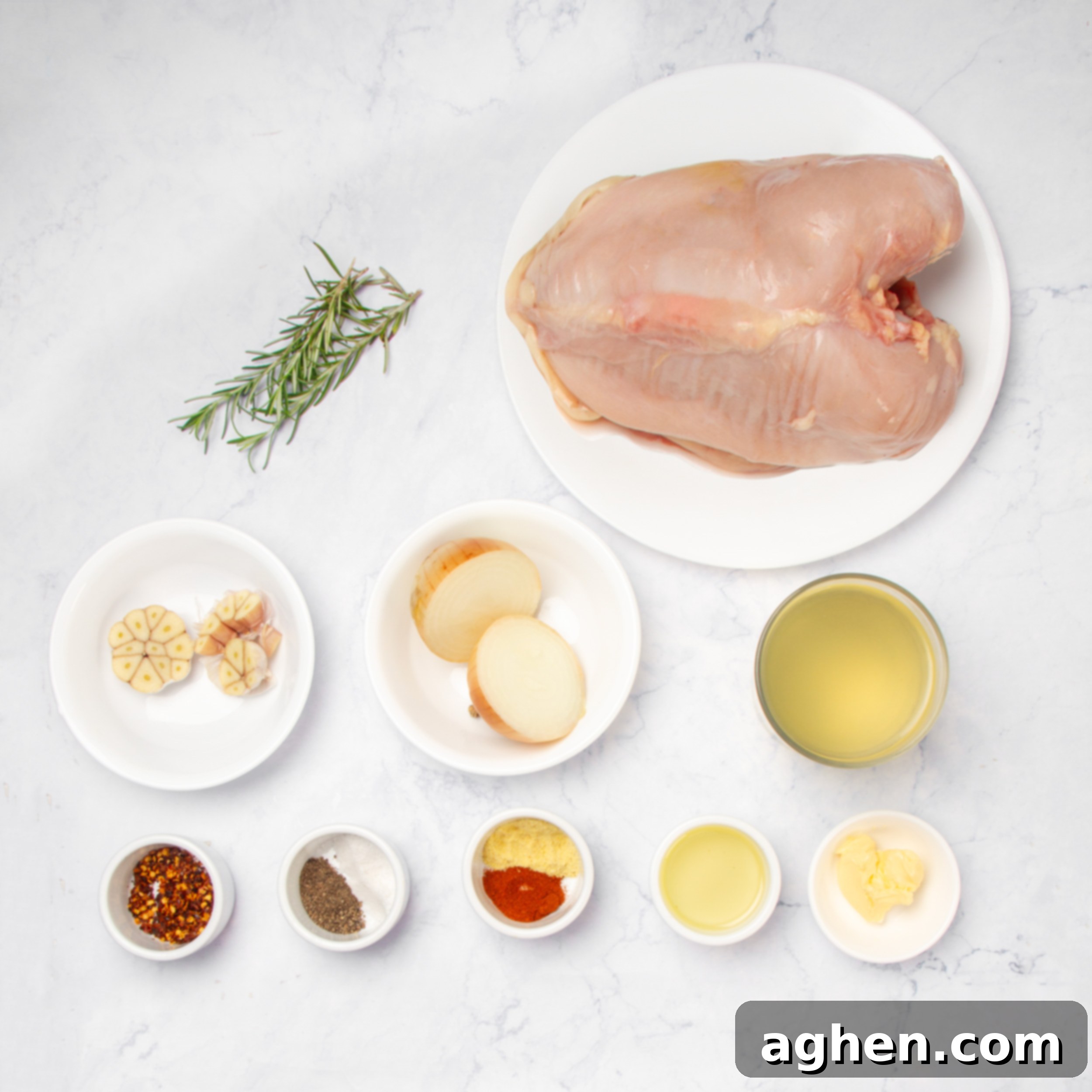 Effortless & Juicy Slow Cooker Turkey Breast 3 Ingredients for a juicy slow cooker turkey breast in separate dishes on a counter.