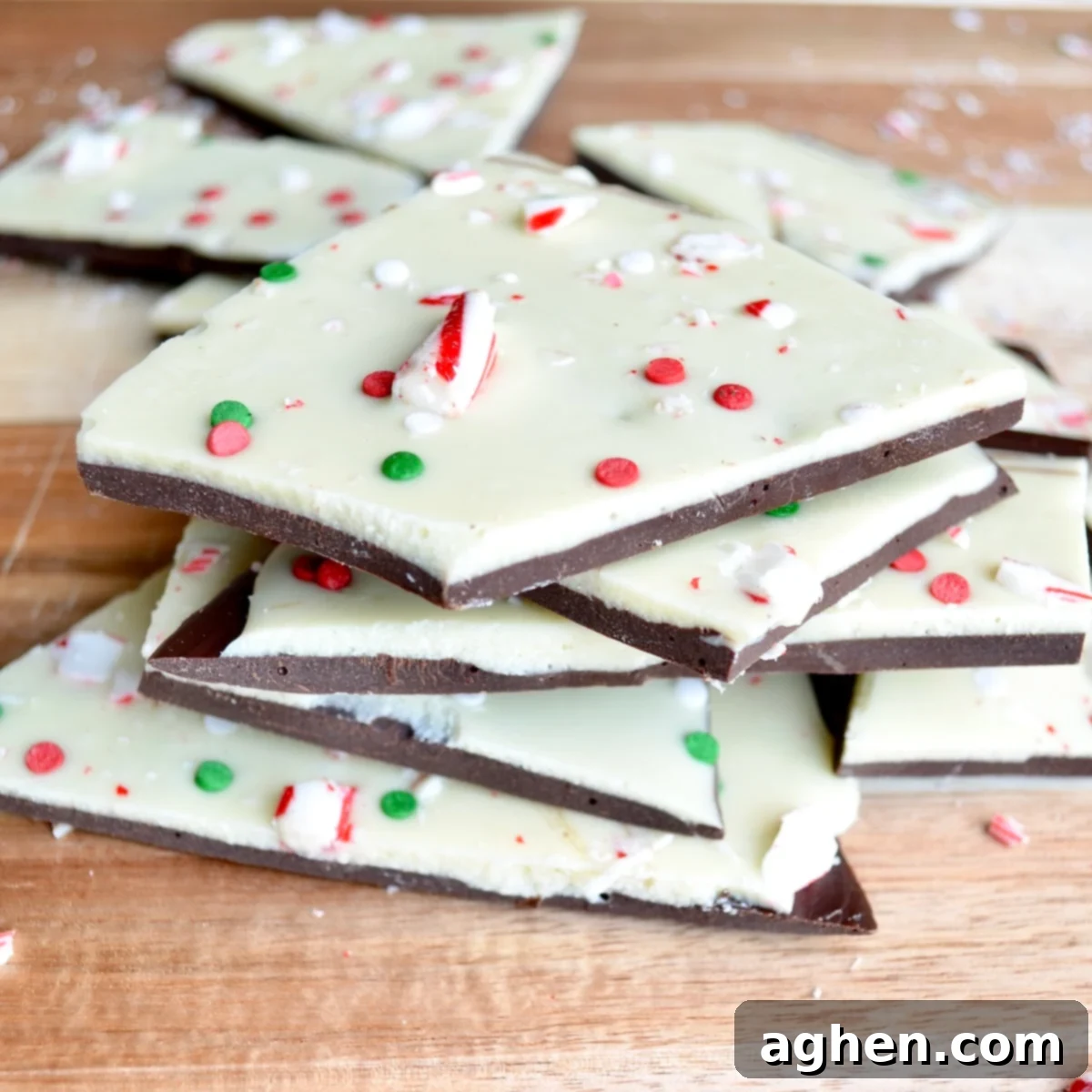 Weight Watchers Peppermint Bark 2 Pile of freshly made Weight Watchers Peppermint Bark, showcasing its festive layers and toppings.