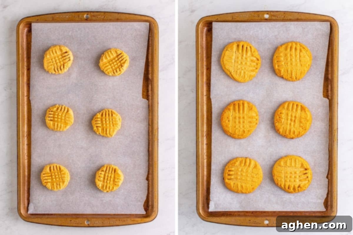 Two-image collage showing unbaked peanut butter cookies on baking sheets on the left, and perfectly baked golden brown cookies on the right, illustrating Step 6.