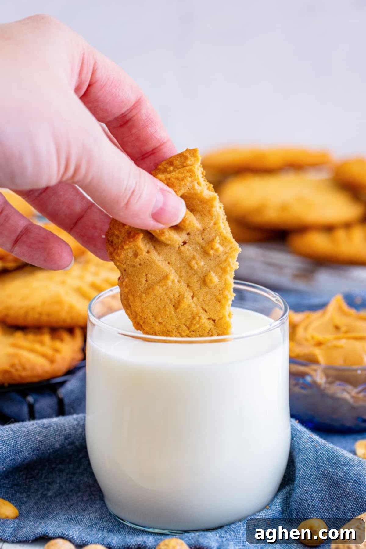 A hand dipping a piece of a classic peanut butter cookie into a refreshing glass of milk, highlighting the perfect pairing.
