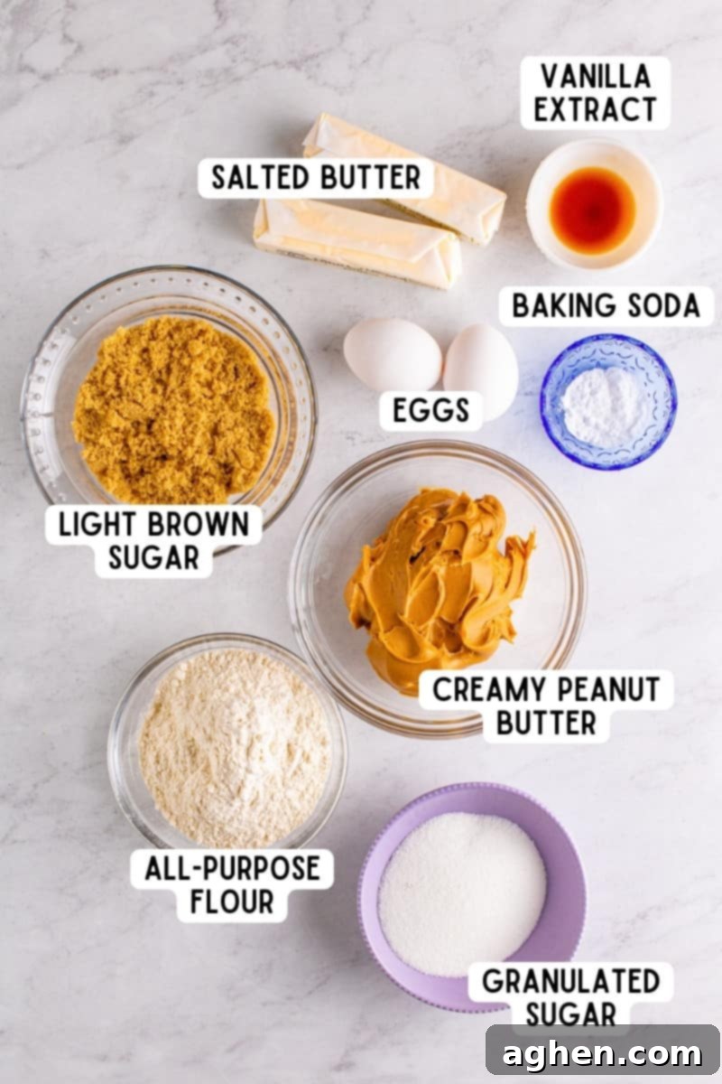 A flat lay of all the essential ingredients for making delicious homemade peanut butter cookies, including peanut butter, flour, sugars, and eggs.