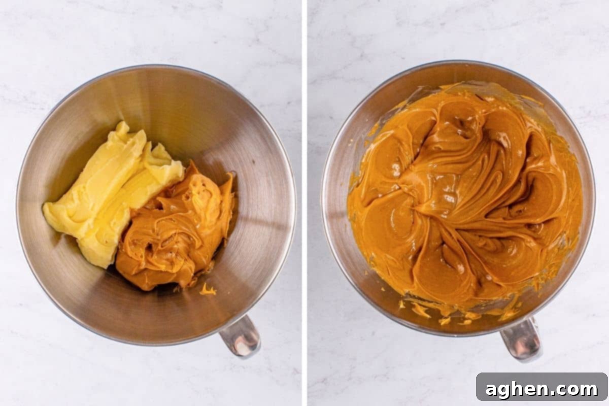 Two-image collage showing softened butter and peanut butter in a mixing bowl on the left, and the two ingredients mixed together until creamy and smooth on the right, illustrating Step 1 of making peanut butter cookies.