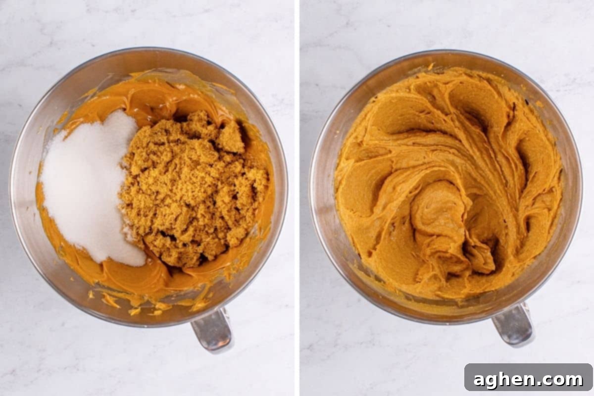 Two-image collage showing sugars added to the mixing bowl on the left, and the sugars thoroughly creamed into the butter and peanut butter mixture on the right, demonstrating Step 2.