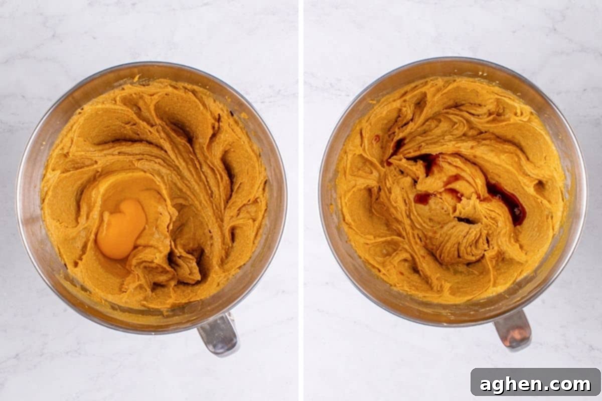 Two-image collage showing an egg being added to the peanut butter cookie dough on the left, and vanilla extract being stirred into the dough on the right, illustrating Step 3.