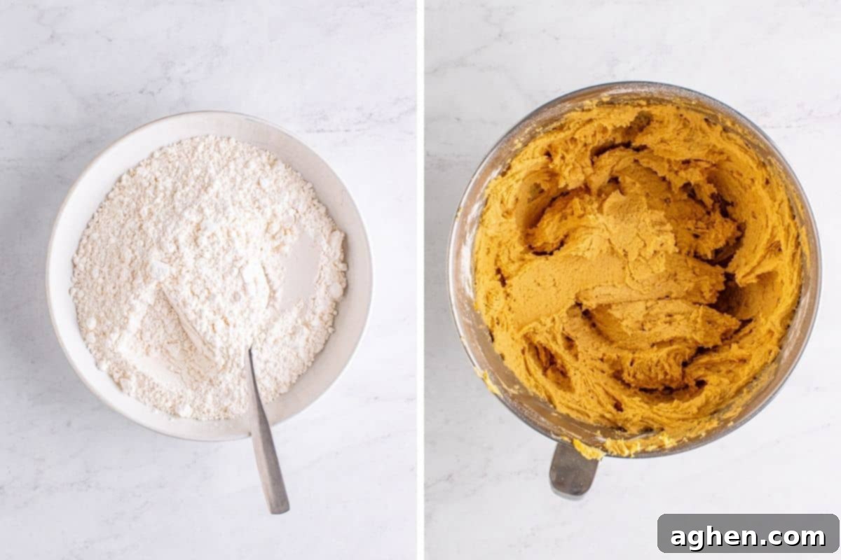 Two-image collage showing dry ingredients (flour and baking soda) in a mixing bowl on the left, and the combined wet and dry ingredients forming the cookie dough in a large mixing bowl on the right, for Step 4.