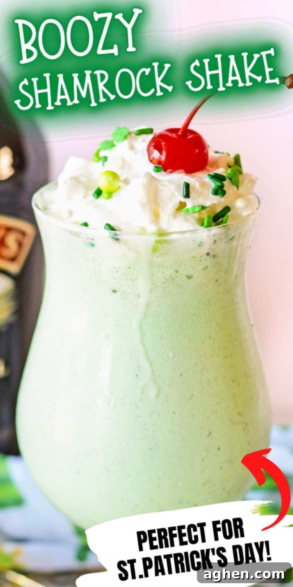 A captivating promotional image for a Boozy Shamrock Shake, perfectly garnished and ready to be enjoyed, emphasizing its suitability for St. Patrick's Day festivities.