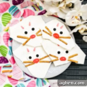 Easter Bunny Bark with pretzels, jelly beans, candy eyes, and candy ears,