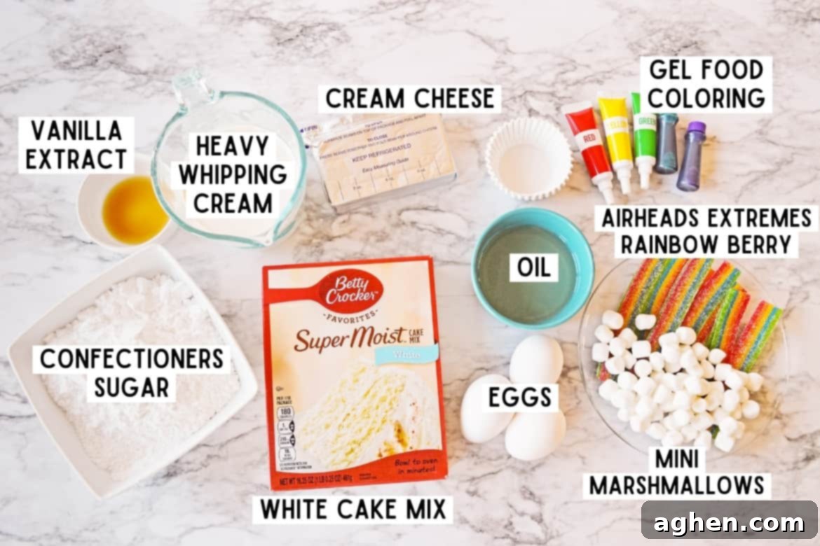 vanilla extract, heavy whipping cream, cream cheese, gel food coloring, white cake mix, confectioners sugar, 3 eggs, oil, mini marshamellows, rainbow airhead candy