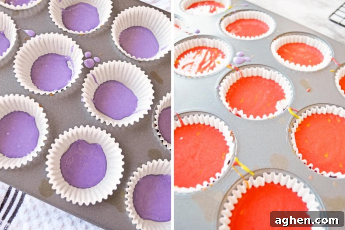 Two image collage. On left, purple cupcake batter in cupcake liners. On right, red batter in liners.