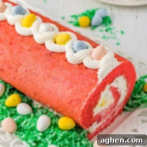 Easter cake roll with whipped cream filling and mini eggs.