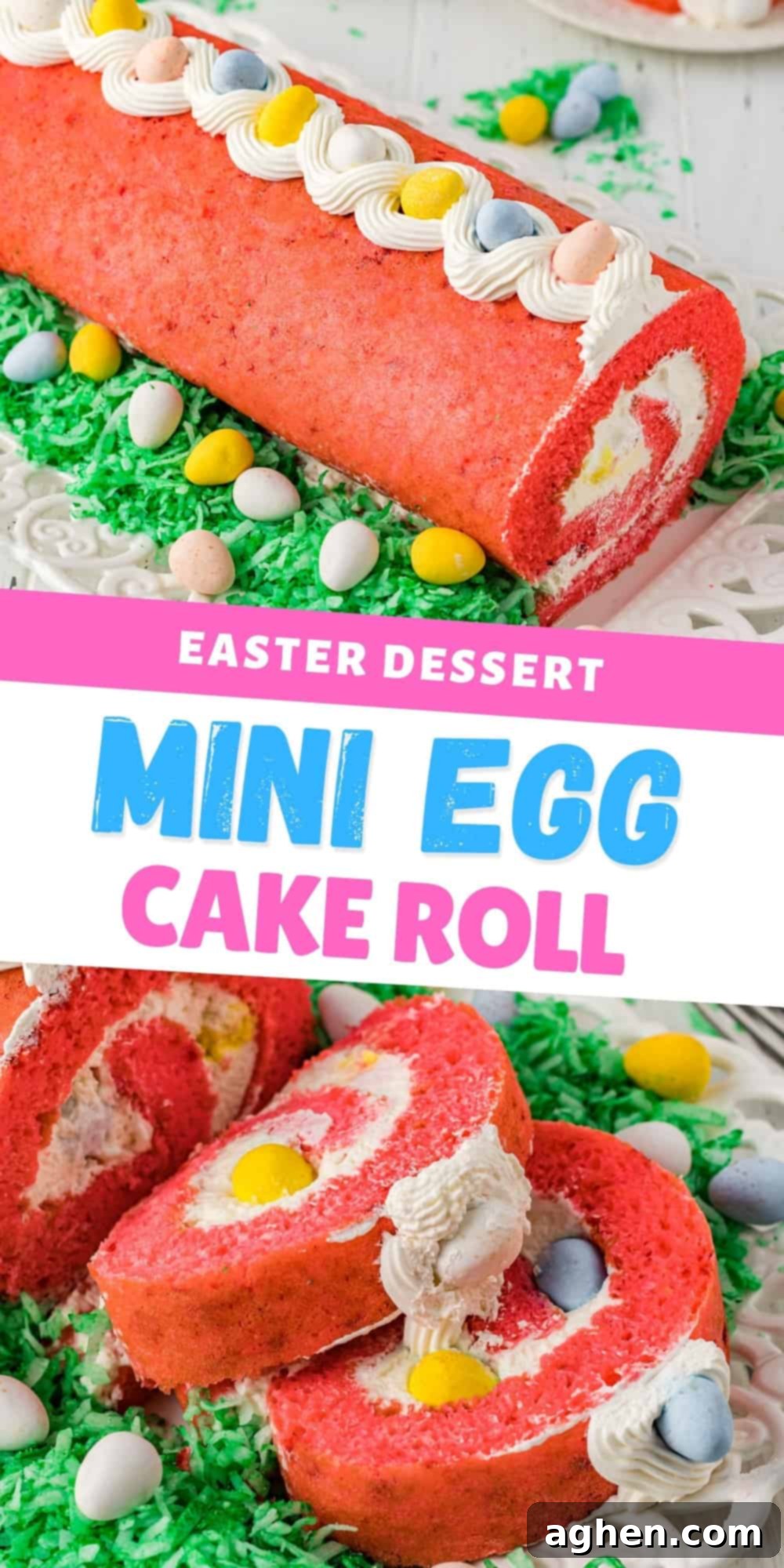 Mini Egg Cake Roll - Easter Dessert. A beautiful and delicious strawberry cake roll perfect for Easter celebrations.