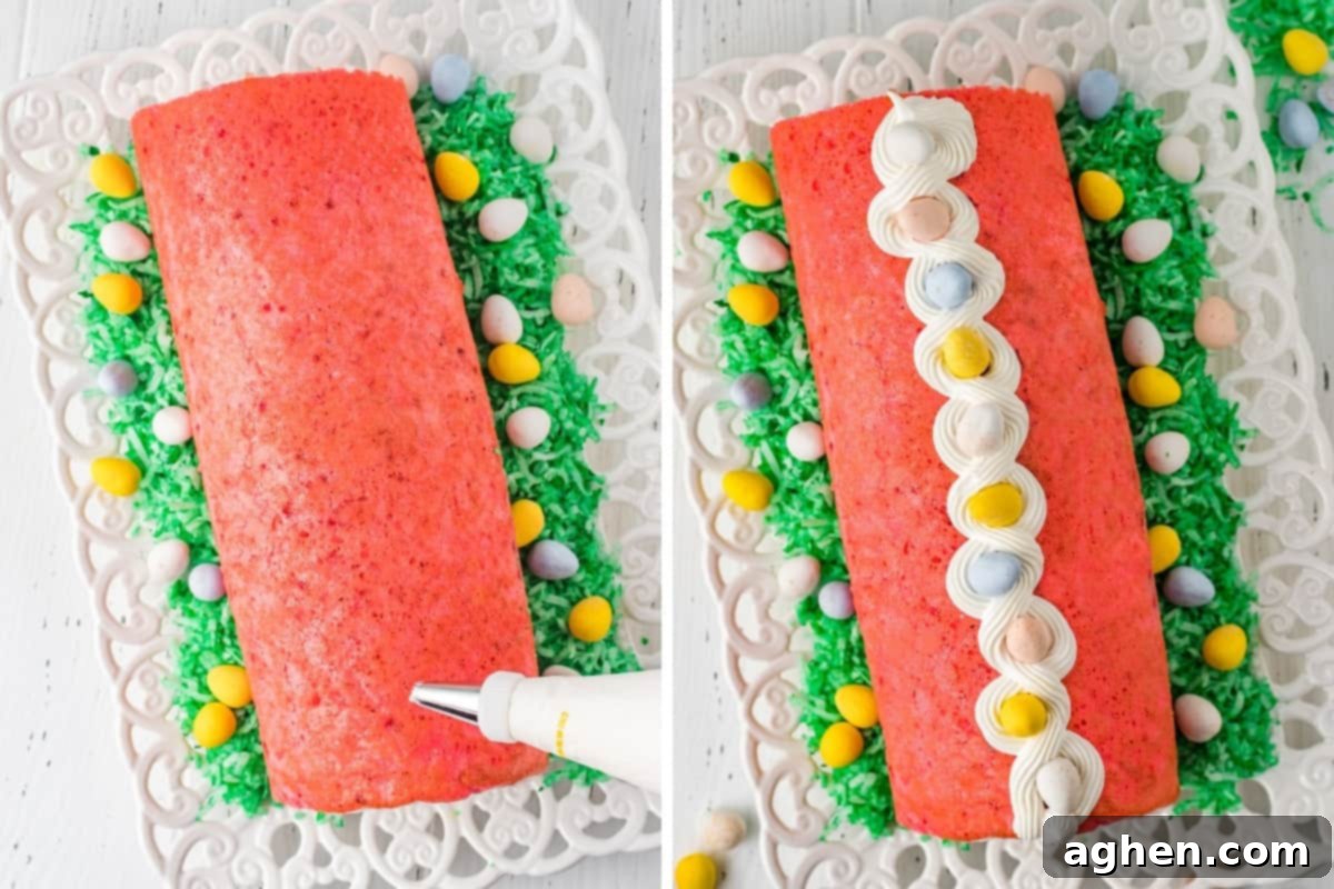 Two image collage of strawberry easter cake roll before and after being piped with cool whip and topped with egg candy.