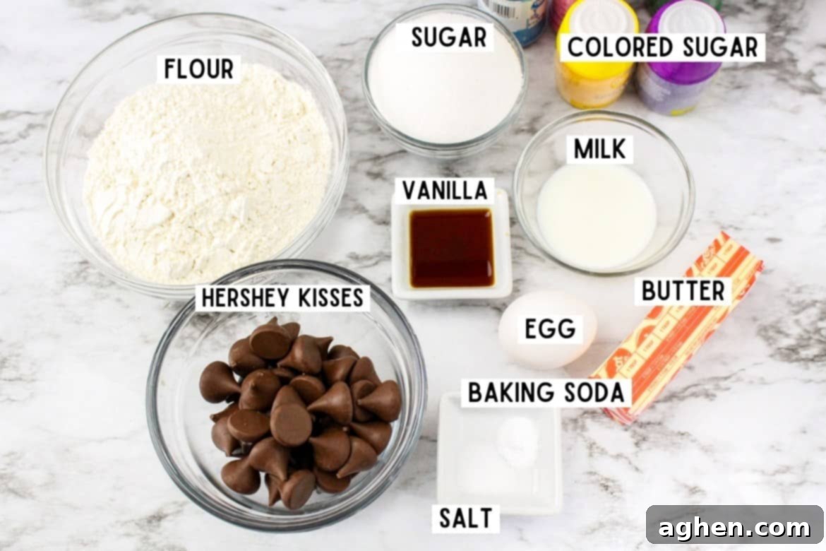 Ingredients for Easter Blossom Sugar Cookies with Hershey Kisses arranged on a surface.