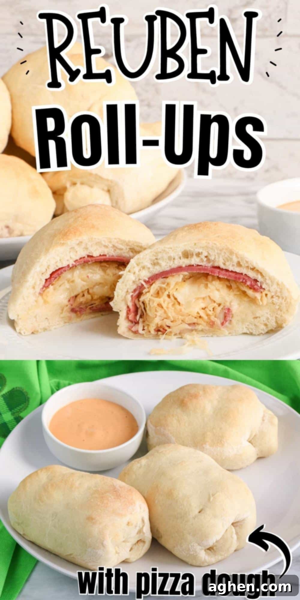 A Pinterest-optimized image featuring a collage of Reuben Roll-Ups, showcasing their golden crust and delicious filling, with text overlay 'Reuben Roll-Ups'.