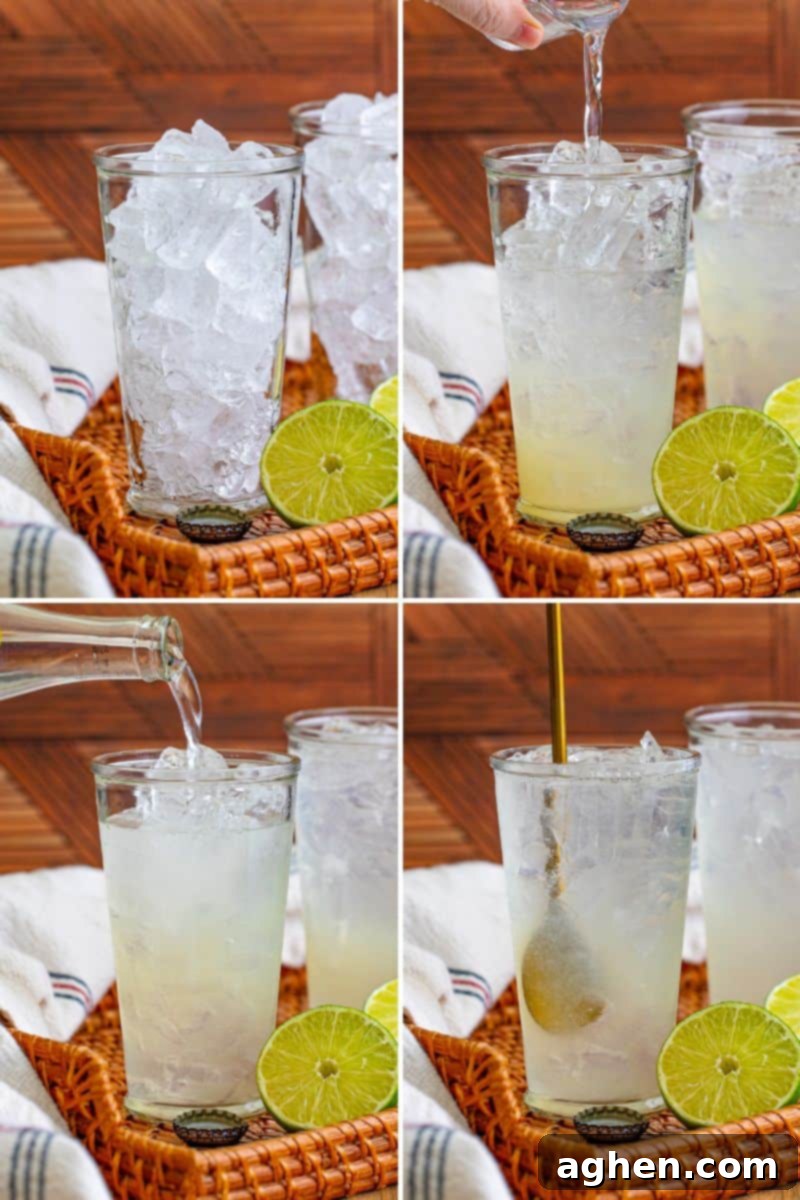 A four-image collage showing the step-by-step process of making a Ranch Water cocktail, from ingredients to final garnish.