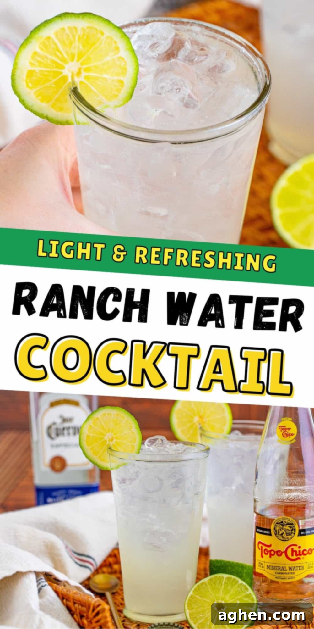 Ranch Water Cocktail, garnished with lime, photographed with a bright and refreshing aesthetic.