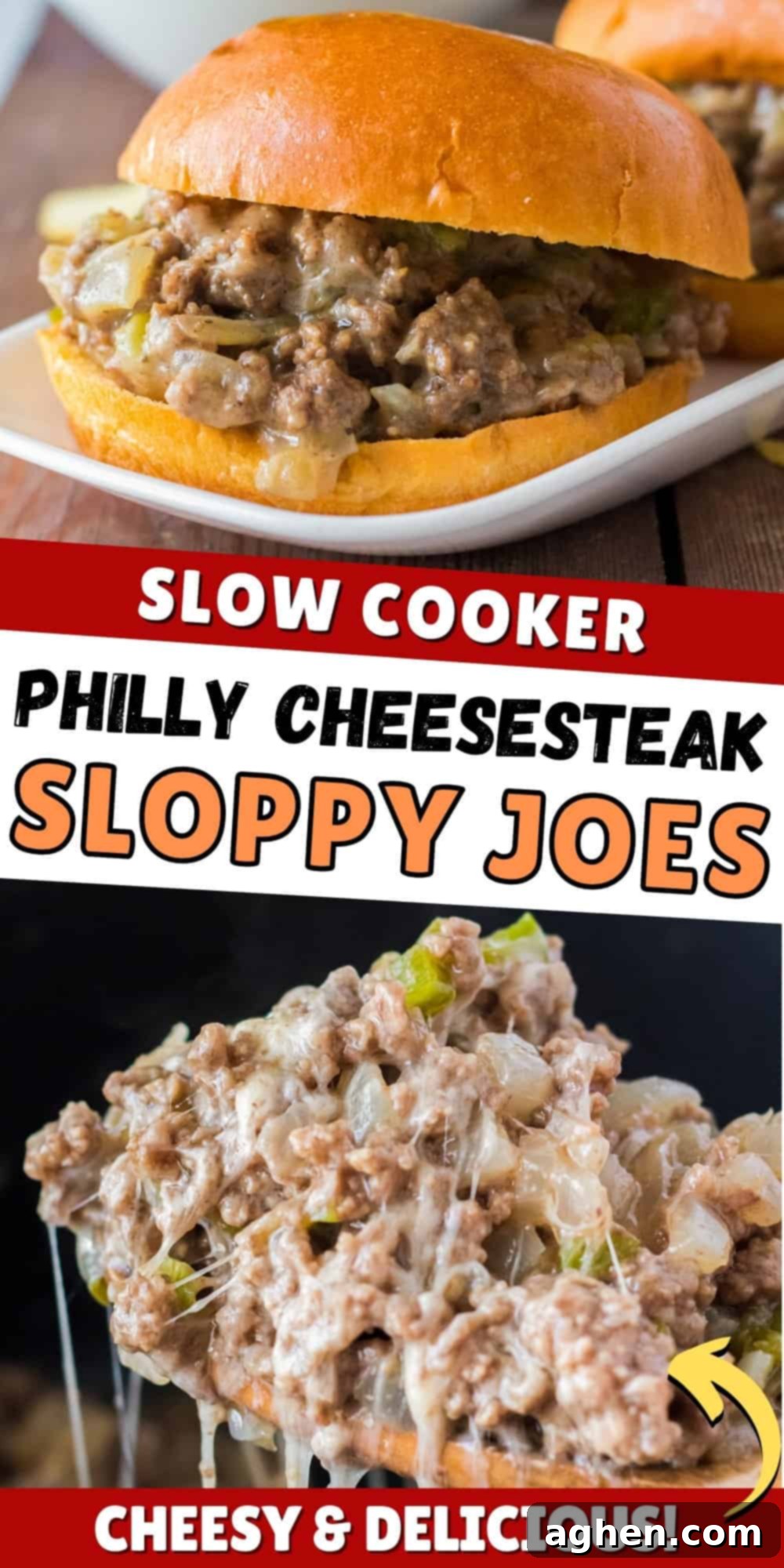 Slow cooker Philly Cheesesteak Sloppy Joes; Cheesy and delicious! Pinterest Image.