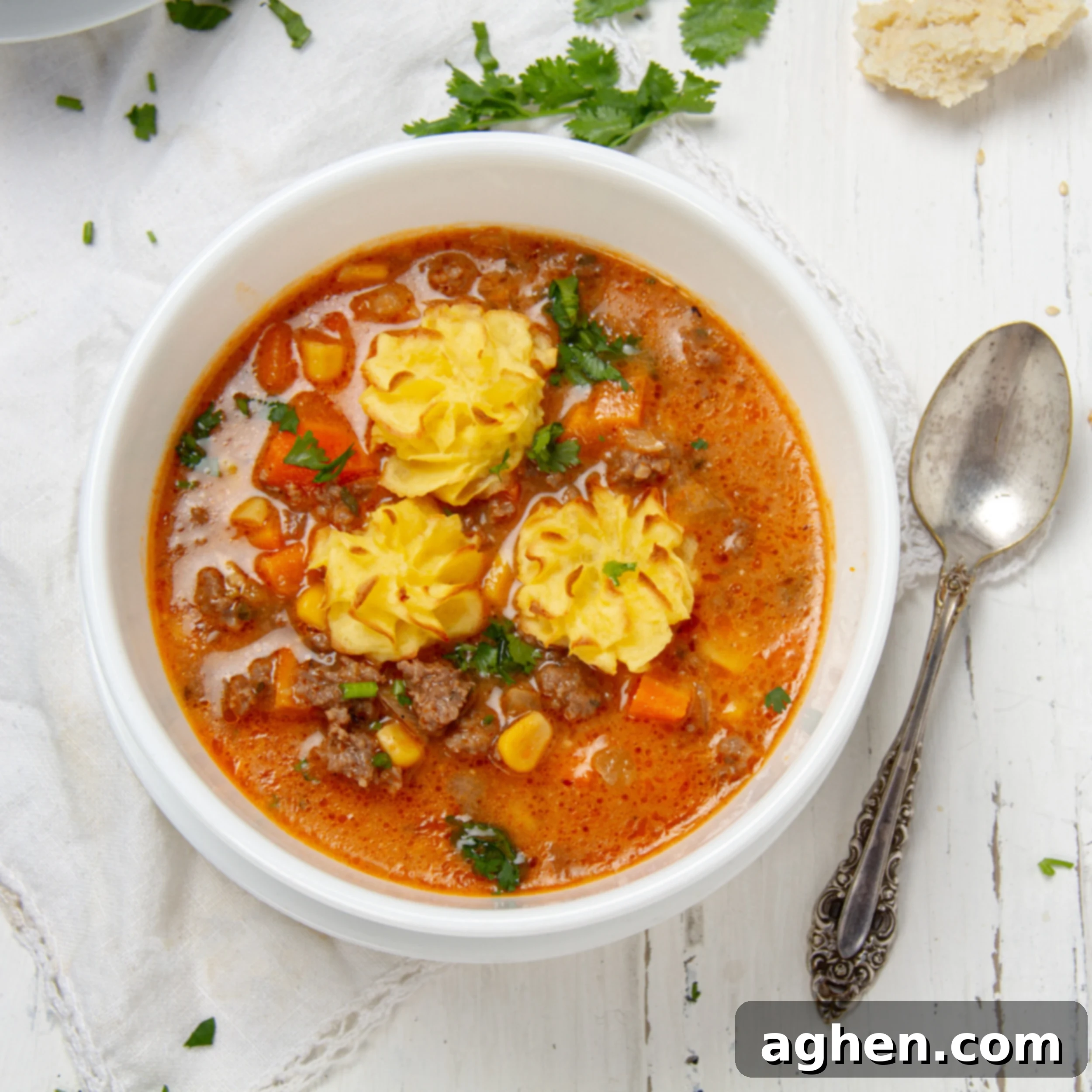 Hearty and delicious Shepherd's Pie Soup in a bowl with a spoon on the side, garnished with golden potato puffs and fresh herbs.