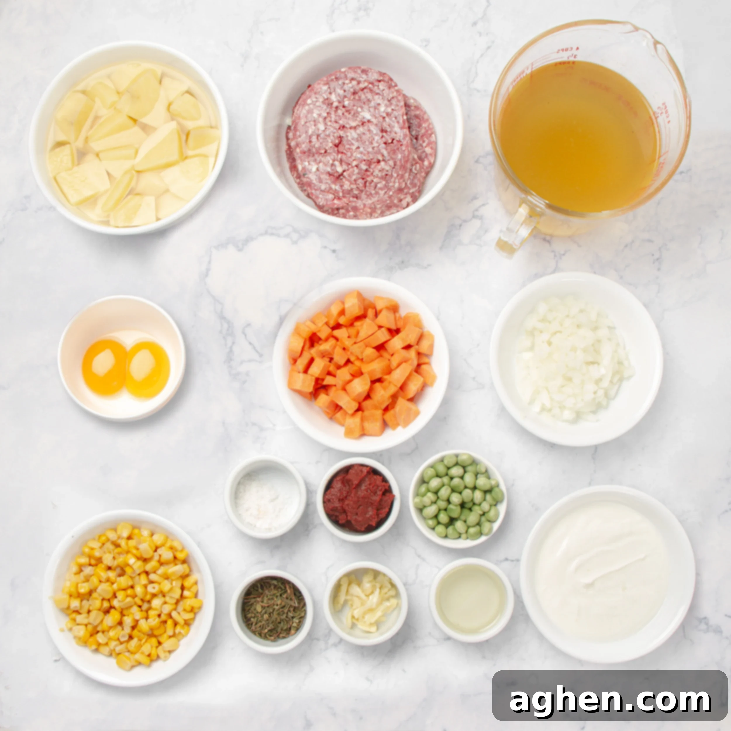Shepherd's Pie Soup ingredients in separate dishes on a counter, ready for preparation.