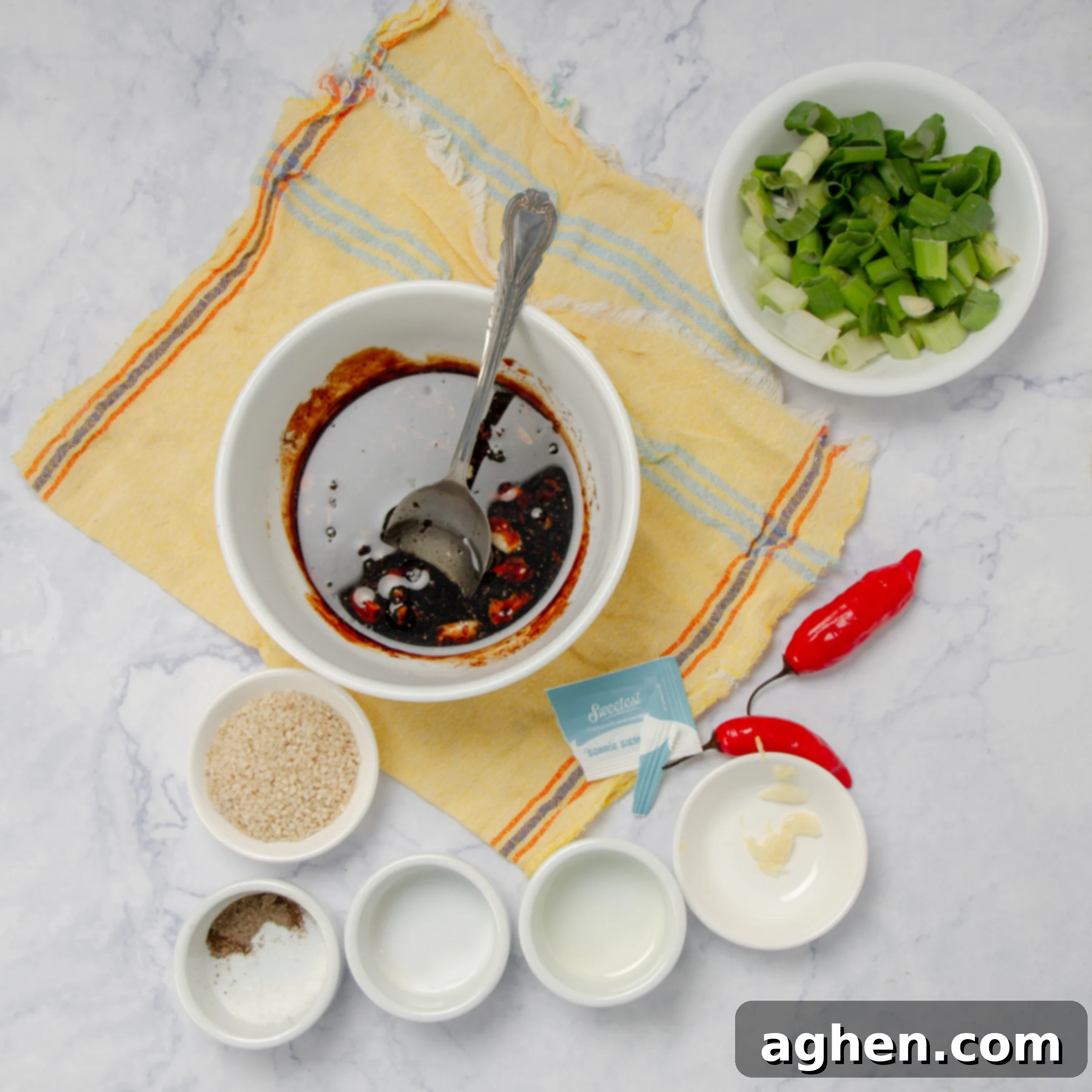 Soy sauce, mirin, grated ginger, Splenda, and oil mixed in a small bowl to form the braising sauce.