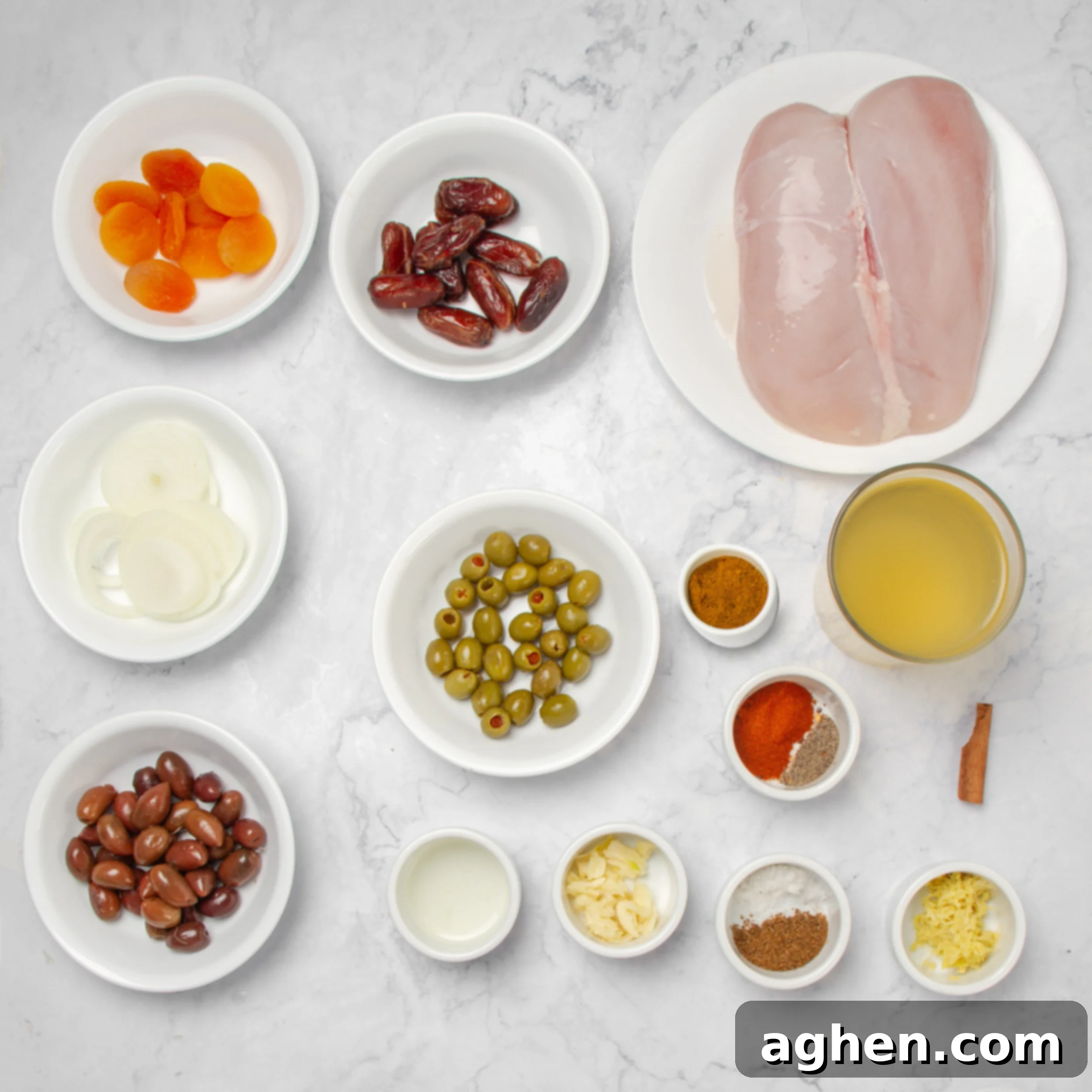 One-Pan Moroccan Chicken 3 Skillet Moroccan Chicken ingredients in separate dishes on a counter top.