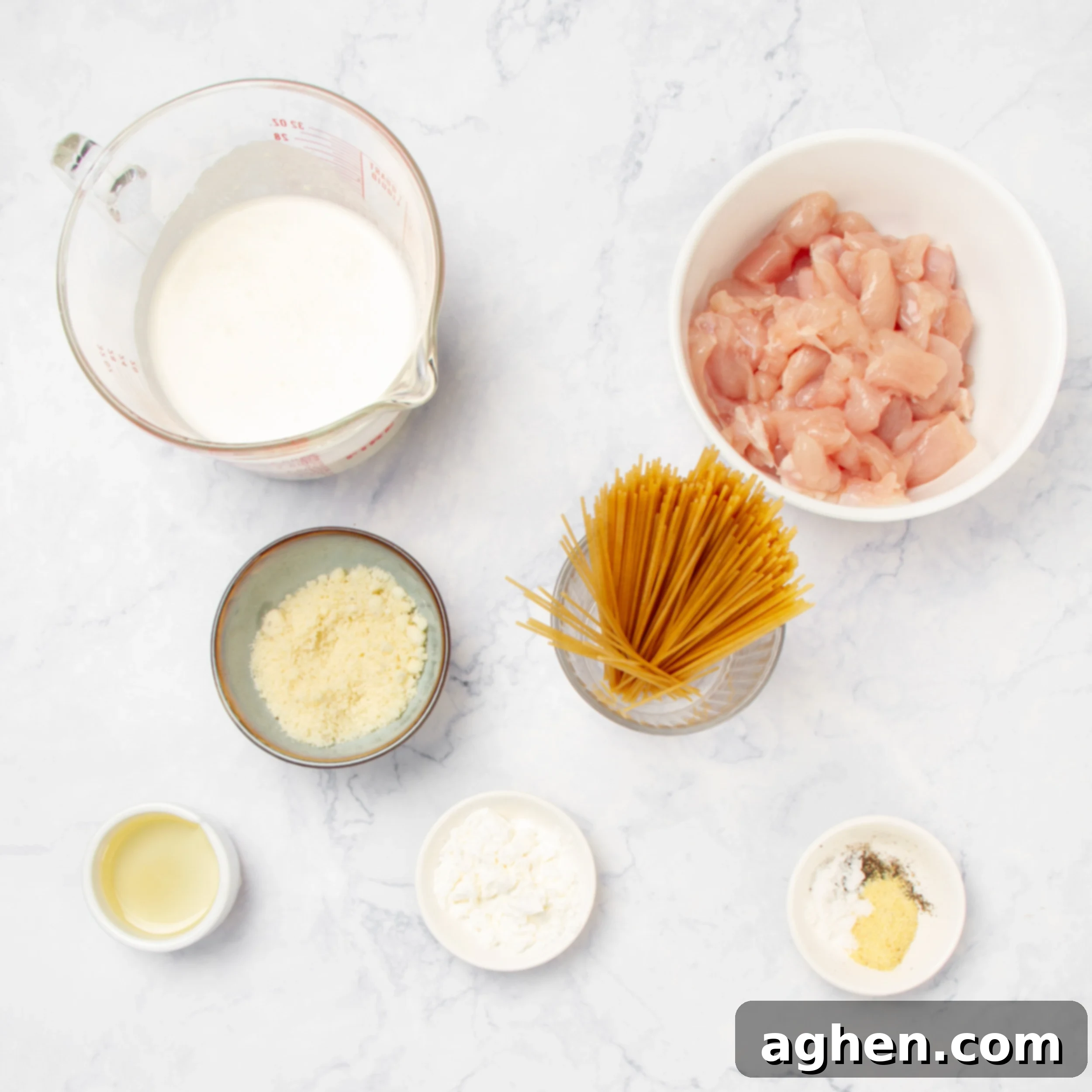 Angel Chicken Pasta: A Cherished Family Legacy 3 Creamy Angel Chicken Pasta ingredients in separate dishes on a counter.