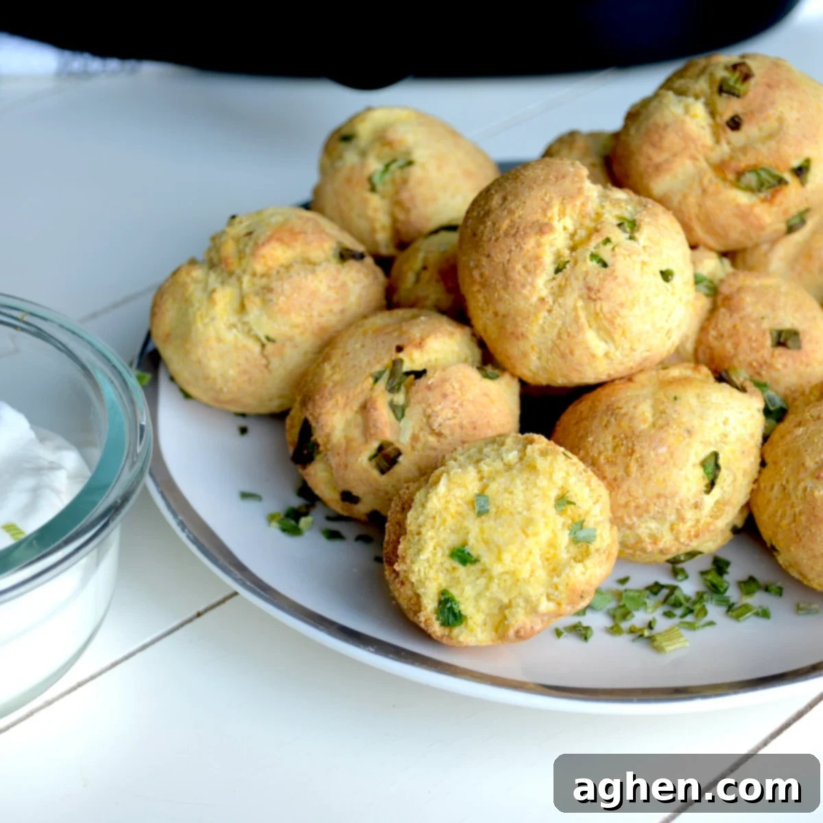 Crispy golden air fryer hush puppies ready to be served