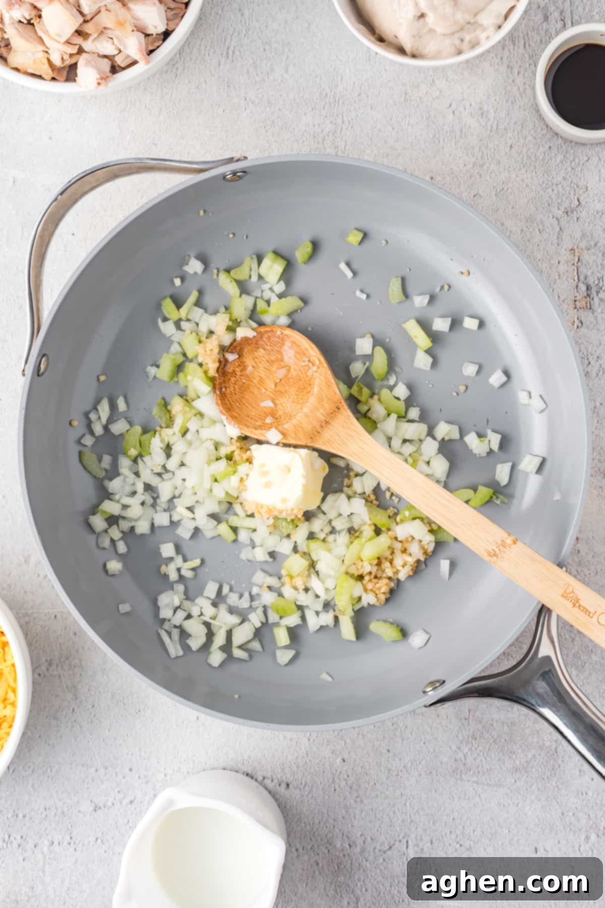Vegetables with butter in skillet.