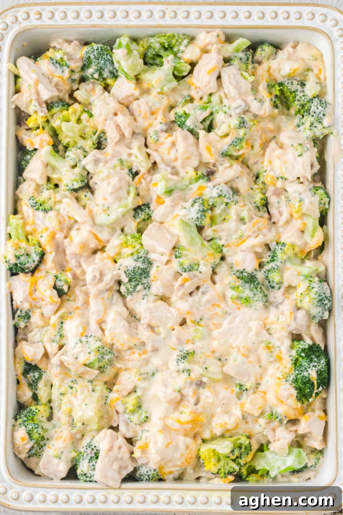 Chicken and broccoli casserole in 9 x  13 baking dish.