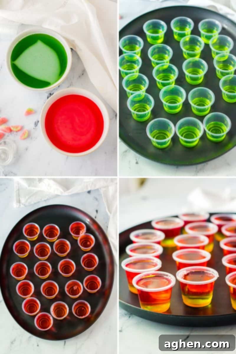 Four image collage of steps to make pink and green layered jello shots.