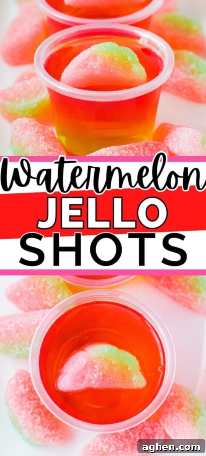Watermelon Jello Shots with sour watermelon candy on top for a summer party treat.