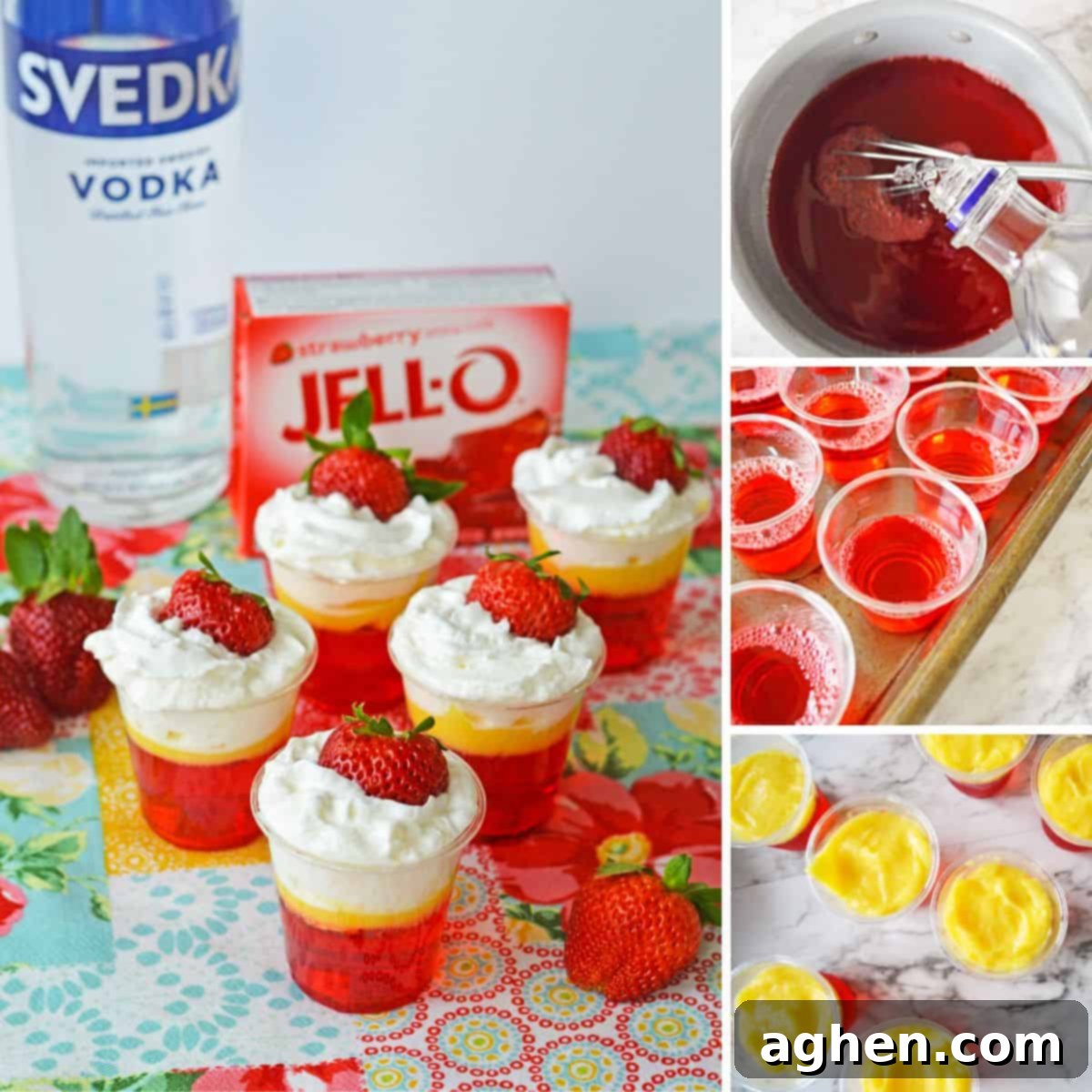 Collage of in-process photos showing vodka being poured into jello mixture, red jello in cups, vanilla pudding added to cups, and finished strawberry and cream jello shots topped with whipped cream and a fresh strawberry.
