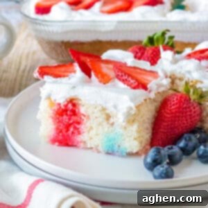 Stars and Stripes Poke Cake 10 Red, white, blue 4th of july poke cake with fresh berries.