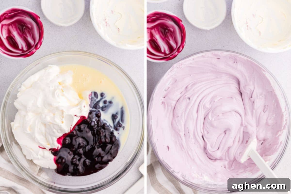 Two image collage of mixing bowl before and after cool whip, pie filling, and sweetened condensed milk are combined, showing the transformation into a creamy base.