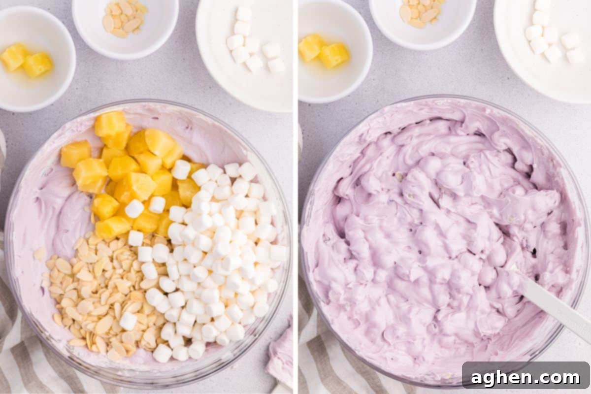 Two image collage of pineapple chunks, almonds, and marshmallows being added to bowl; then folded into the creamy mixture, illustrating the gentle folding technique.