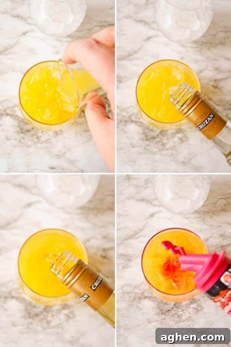 Four image collage of ingredients being poured into cocktail glass.