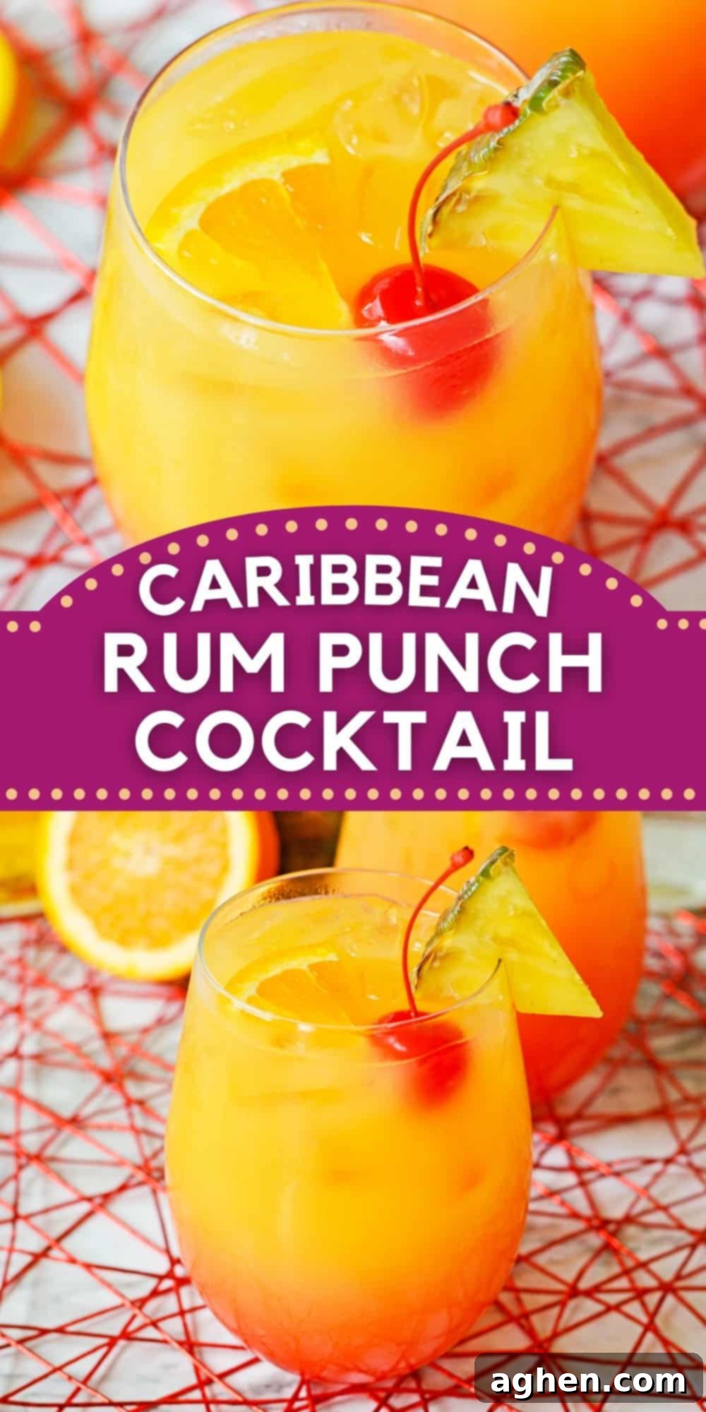 A tall glass of Caribbean Rum Punch, garnished with fresh pineapple and cherry, against a blurred tropical background.