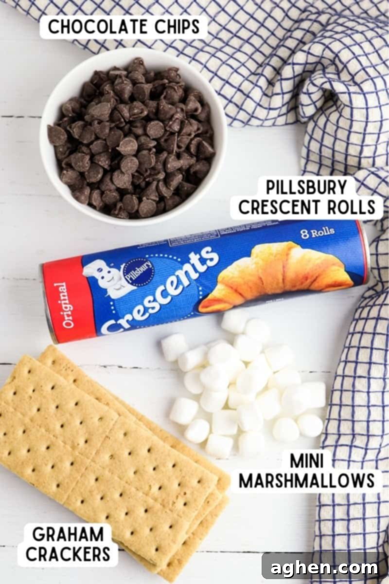 Roll of Pillsbury crescent roll dough, chocolate chips, mini marshmallows, and graham crackers.