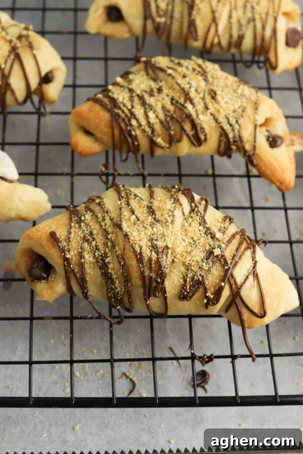 S'mores crescent rolls on wire rack.