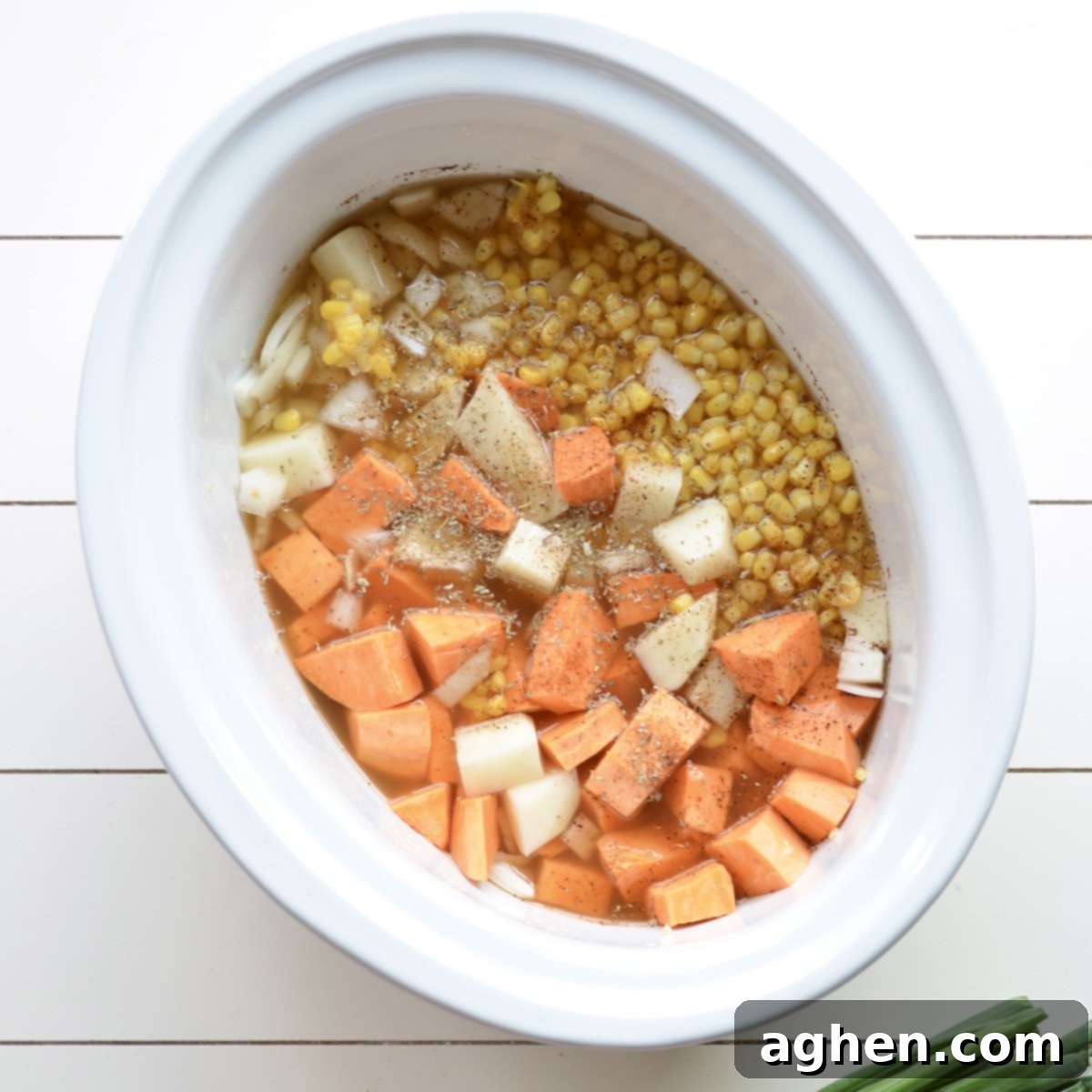 WW-Friendly Sweet Potato Corn Chowder 4 slow cooker with vegetables