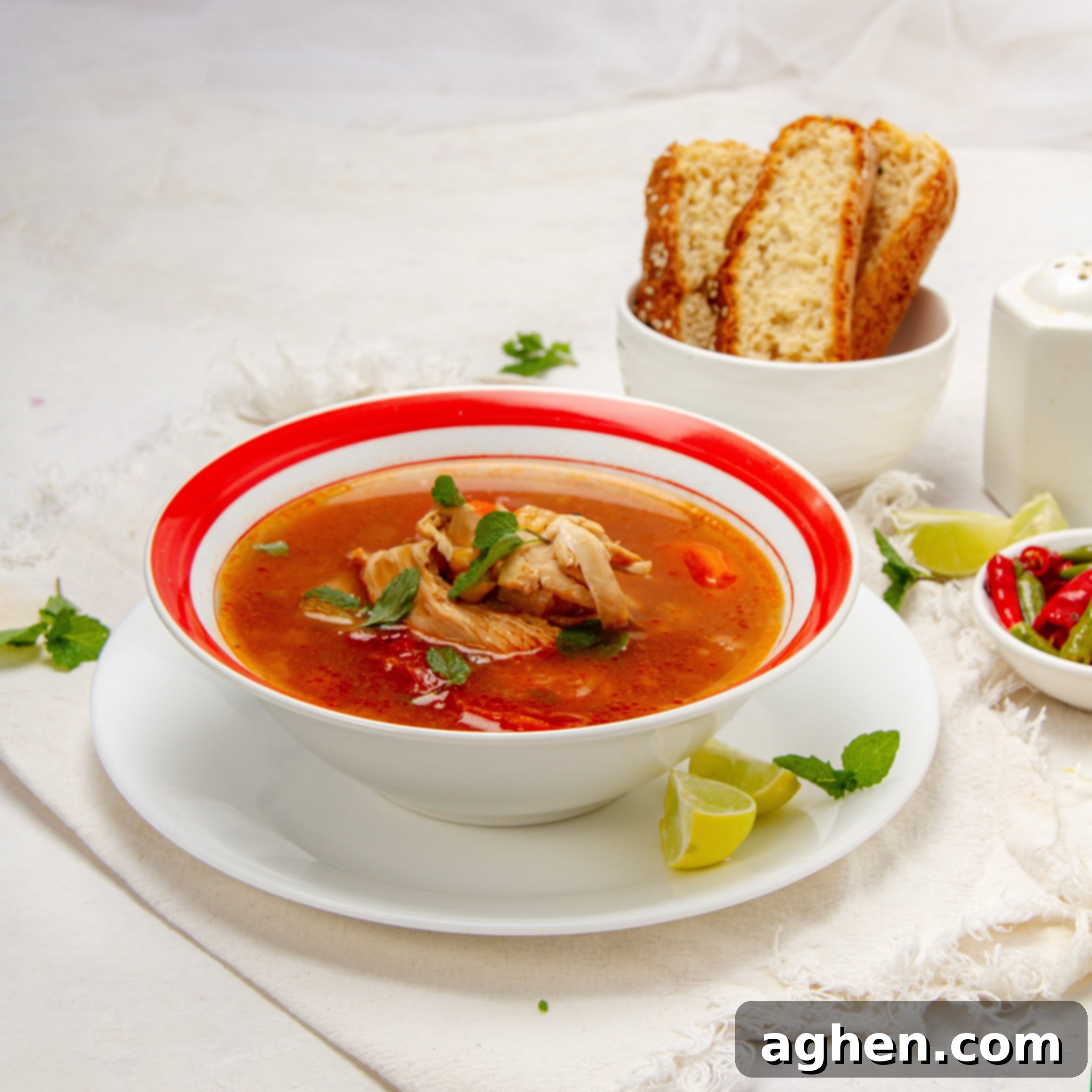 Caldo Tlalpeño: A Taste of Mexican Soul in Every Spoonful 2 Warm and comforting Caldo Tlalpeño soup in a bowl with bread on the side.