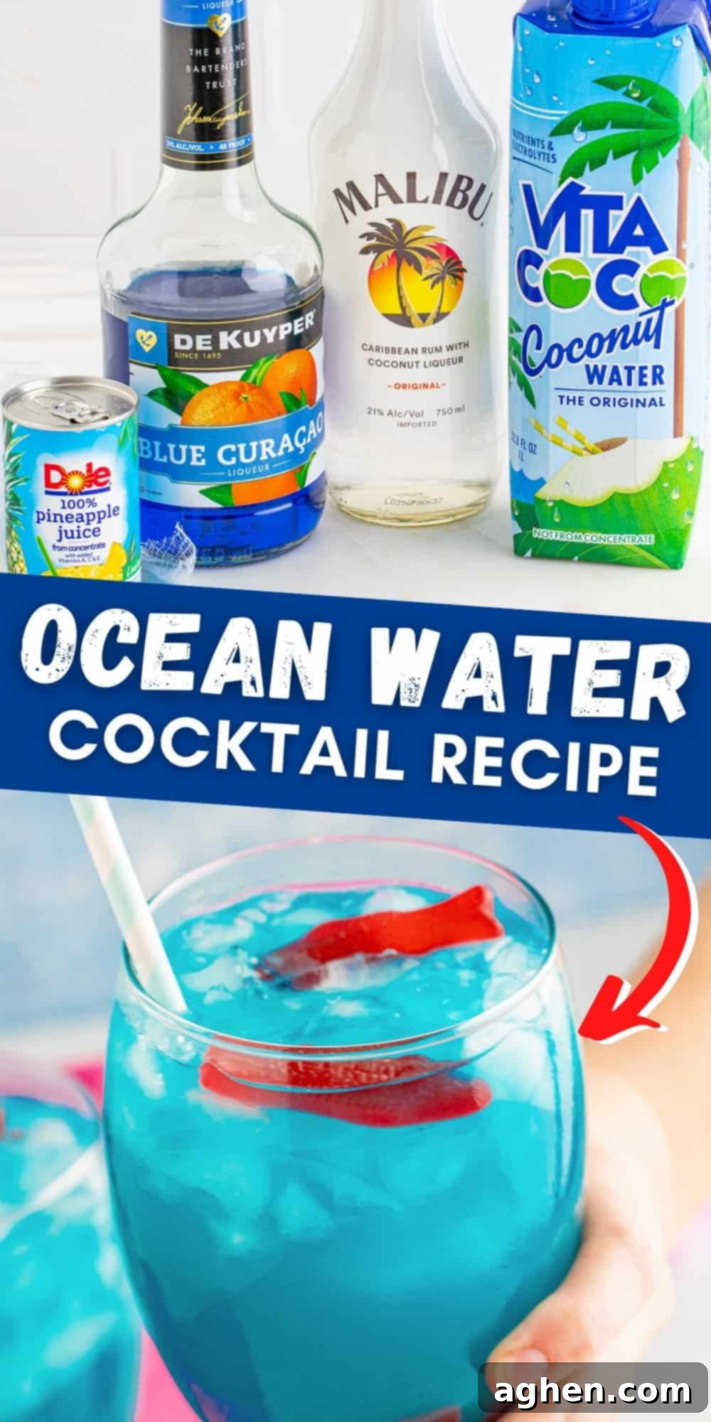 A beautifully composed flat lay of an Ocean Water Cocktail with Swedish fish and tropical leaves, featuring the recipe title.