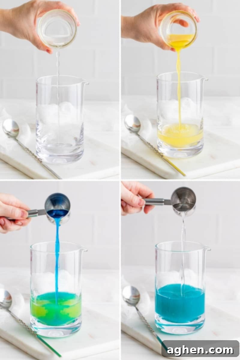 Four image collage showing individual ingredients – coconut water, pineapple juice, Malibu coconut rum, and blue curacao – being poured into a large mixing glass.