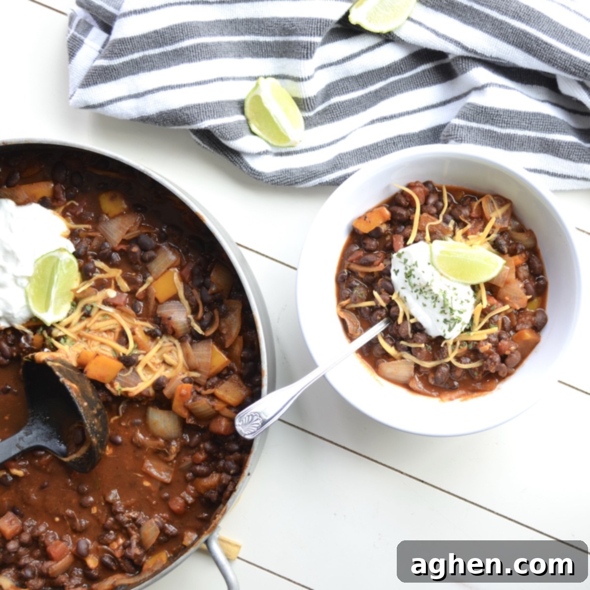 Black bean chili in a bowl with toppings