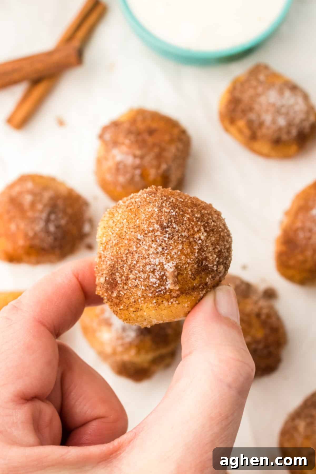 Thumb and forefinger holding a cinnamon sugar pretzel bite.